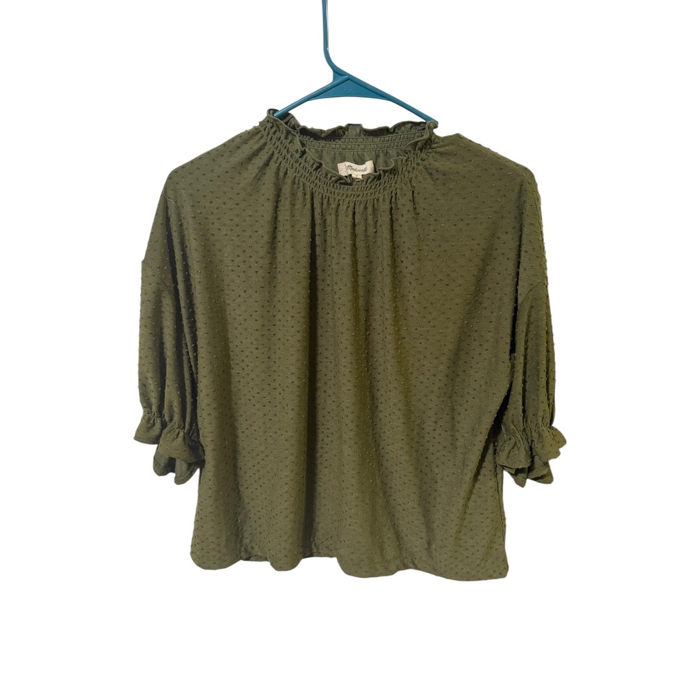 Madewell Size Small Olive Green Swiss Dot Ruffle‎ Neck 3/4 Sleeve Top Blouse